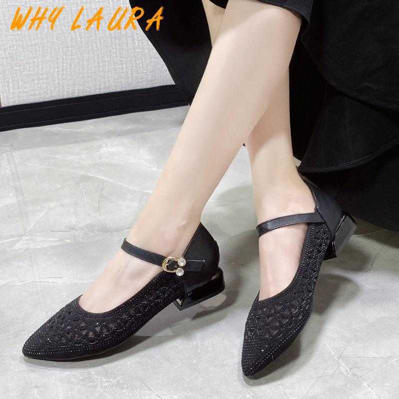

Comfortable summer women's low-heeled shoes new mesh hollow women's square heel buckle belt leisure summer mother shoes Y0721, Black