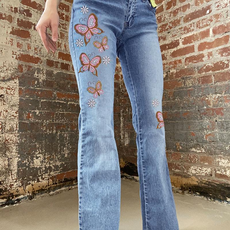 

Women's Jeans Butterfly Embroidery Low Waist Fashion European And American Retro Streetwear Girly Casual Washed Denim Trousers Womens 2021