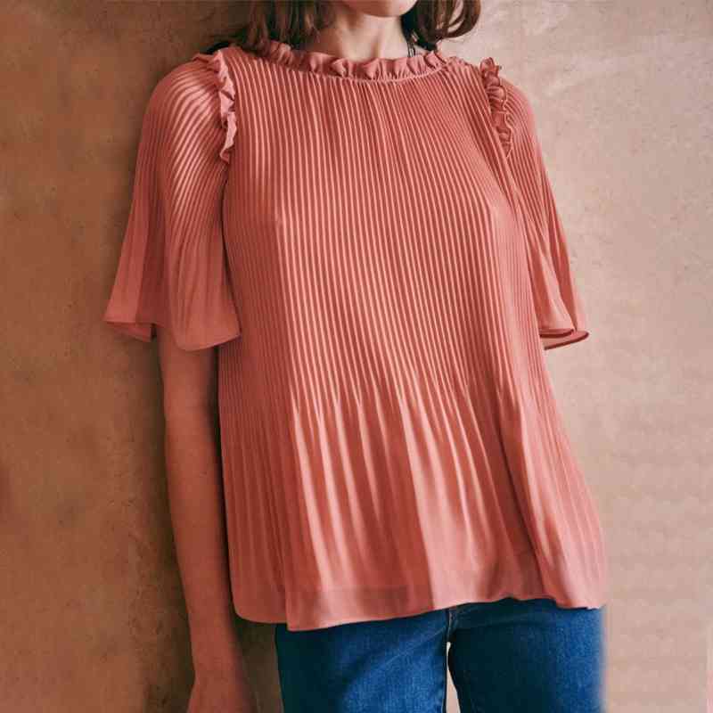 

Women's Knits & Tees Blush Femme Blouse plissée à manches courtes Ruffled Pleated Loose Flare Sleeve Shirt Elegant Retro Chic Haut, Watermelon red