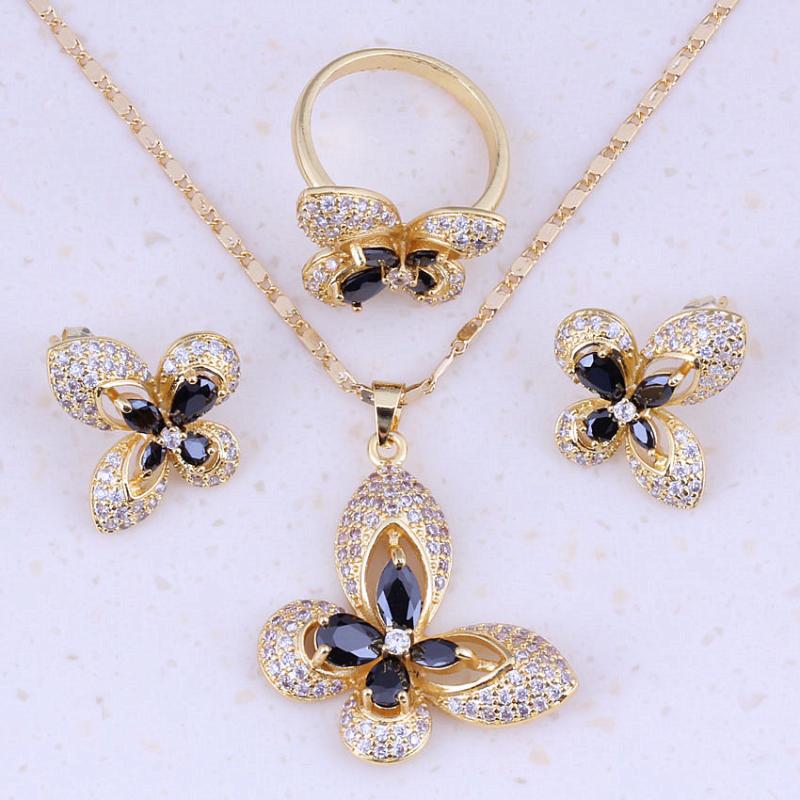 

Earrings & Necklace Elegant Black Crystal Cubic Zircon Yellow Gold Color Jewelry Sets For Women Trend Fashion Valentine's Day Gift A0005, As pic
