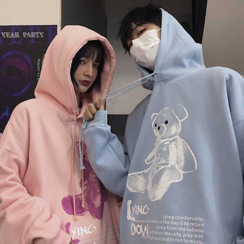 

Winter Harajuku bear letter fashion plus size Ulzzang loose female long-sleeved hip-hop O-neck Vintage casual Hooded sweatshirt 210608, Blue