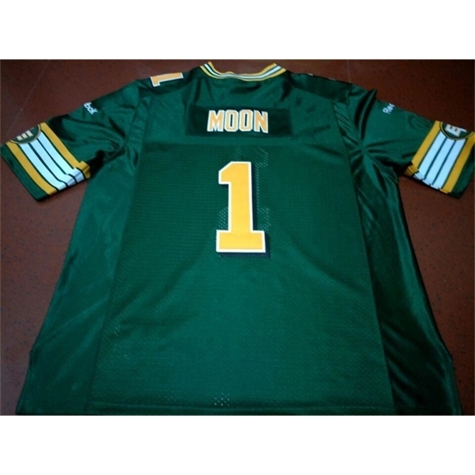 

668 Edmonton Eskimos #1 WARREN MOON White Green real Full embroidery College Jersey Size S-4XL or custom any name or number jersey, Black