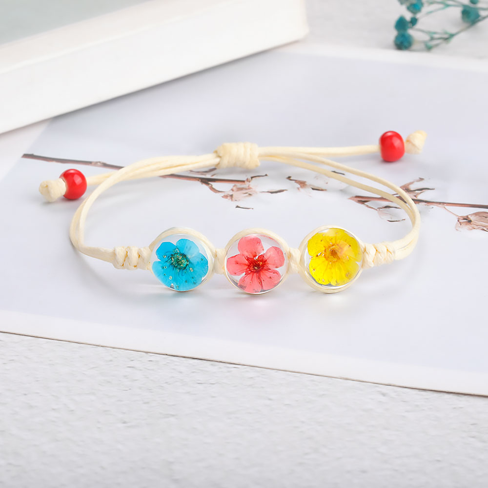 

Boho Vintage Charm Bracelet Handmade Real Dry Flower Glass Ball Weave Adjustable Bracelets for Women, Golden;silver
