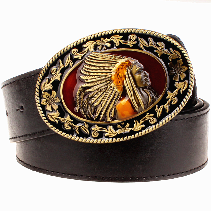 

2021 New Fashion Belts Metal Buckle Retro Big Head Indian Chief Western Style Hip Hop Street Dance Exaggerated Belt Sgik, Black