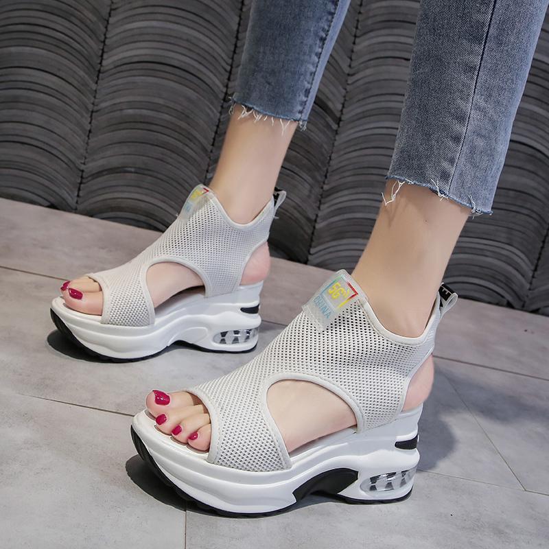

Sandals Summer Women Black Wedge Heels Sneakers Peep Toe Air Cushion Platform White Flip-Flops Thick Bottom