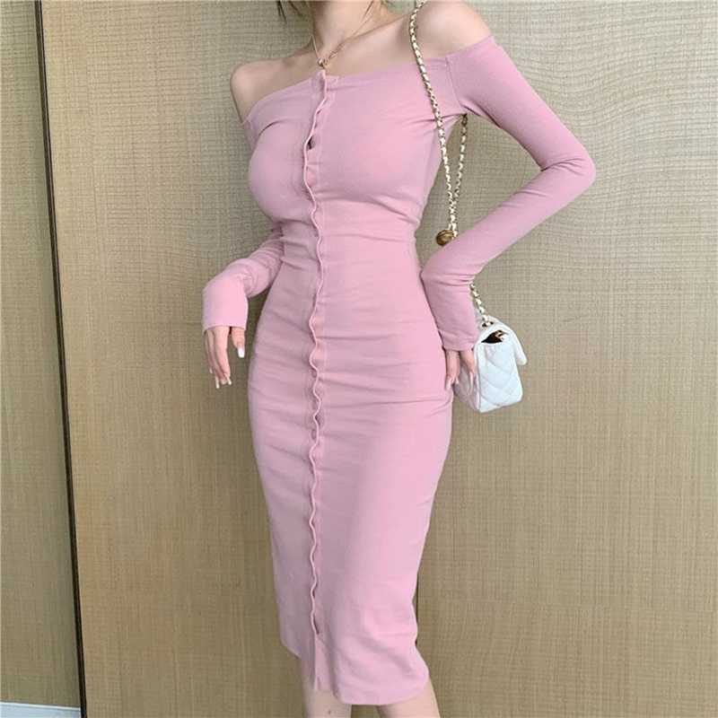 

off shoulder dress bodycon hip sexy midi long sleeves slim single-breasted spring and autumn 210604, Black