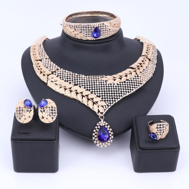 

Earrings & Necklace Women Trendy Leaves Design Hollow Crystal Gem Jewelry Set Statement Gold Color Earring Bangle Ring For Brides, As pic