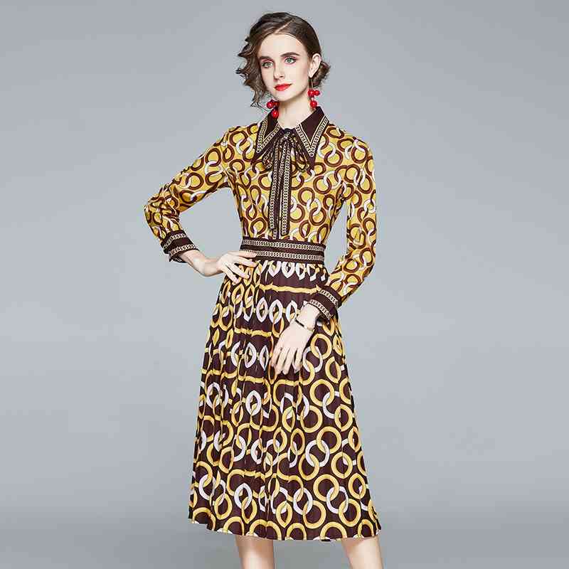 

Banulin Women Autumn Midi Dress Runway Long Sleeve Bow Sashes Shirt Famale Vintage Chain Print Ladies 210603, Yellow