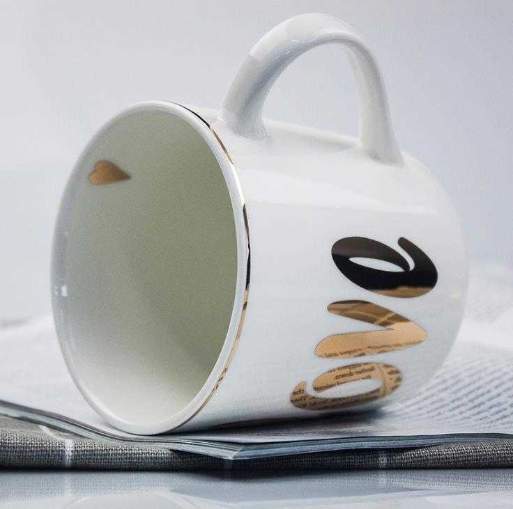 Fine Porcelain Mug for Coffee Tea Handle Painted by Real Gold Platinum Valentine Wedding Gifts 6 Pattern Heart Star Stripes Love SN5047