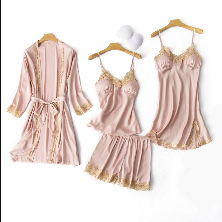 

Sexy Nightwear Women's Suit 4pc Pyjama V-neck Paige Spring Dress Lady Sleeping Clothes to Wear Homework A2n8, Gray - pajamas