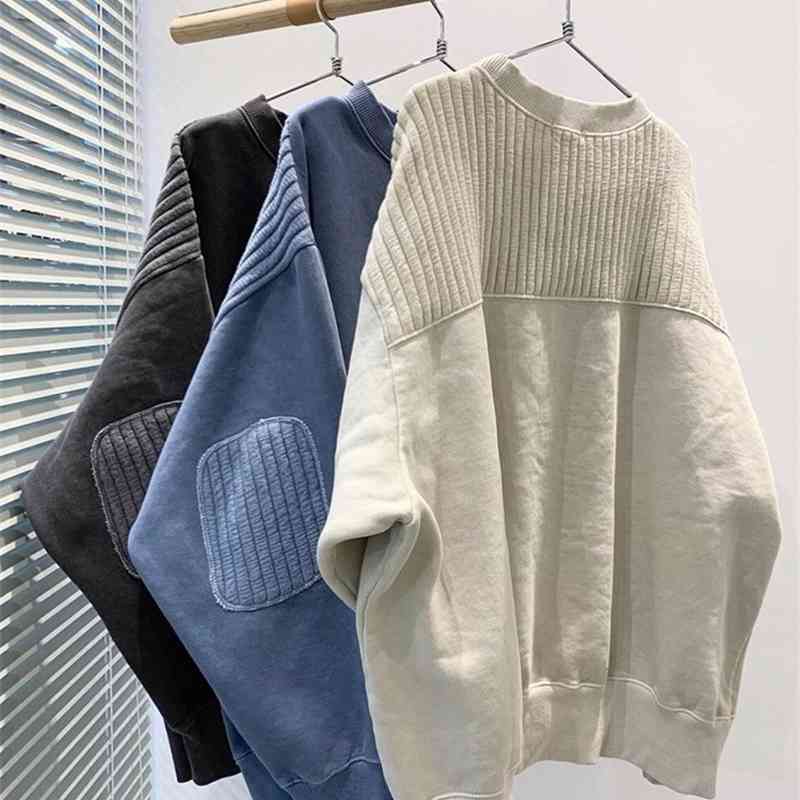 

Korea dongdamen 2021 autumn new fashion patchwork cloth round neck long sleeve leisure Pullover women' spring and Autumn, Creamy-white