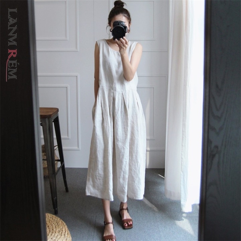 

Women's Black Mid-length Large Size Cotton Linen Dress Round Neck Sleeveless Loose Fit Fashion Trendy Summer 210526, Navy
