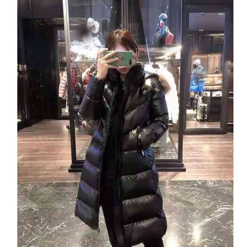 

M Qi mengkou jacket medium long female oversized fox fur collar belt with thickened waist and thin warm 90 goose down, Black