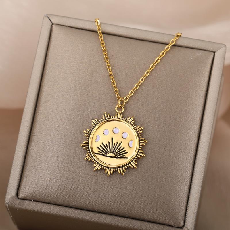 

Pendant Necklaces Vintage Sun Flower For Women Stainless Steel Gold Sunrise Moon Charm Choker Necklace Bohemian Wedding Jewelry, Silver