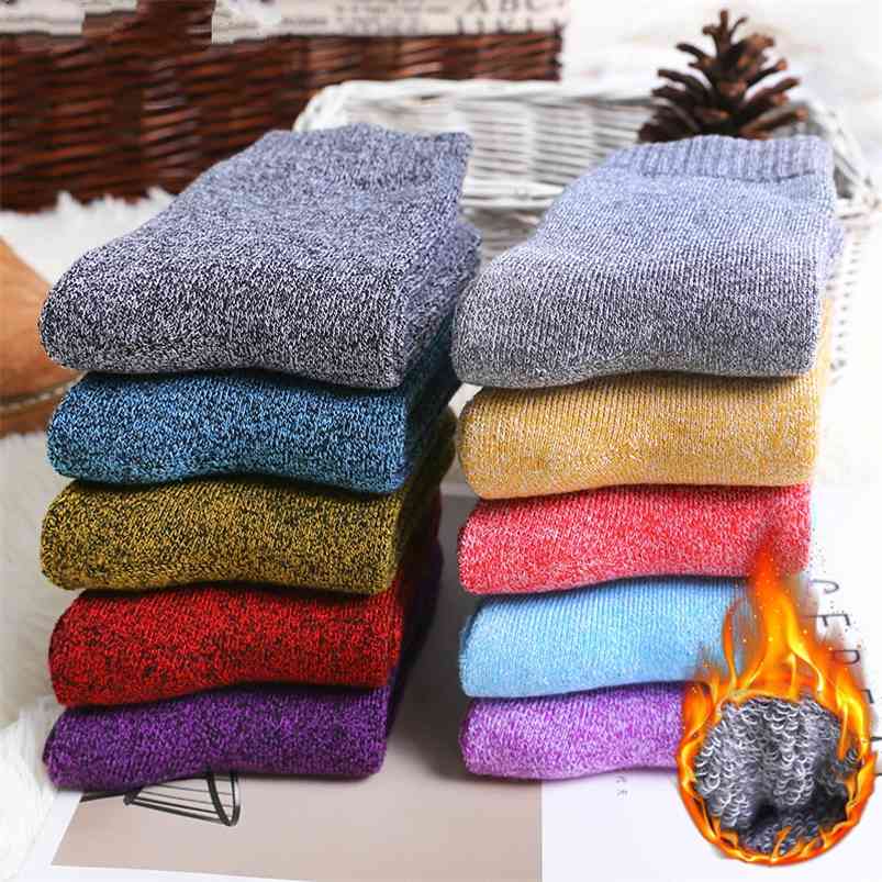 

Winter Women Thick Warm Terry Cotton Fashion Solid Harajuku Retro Solid Color Wool Socks 5 Pair 210720, Black and white