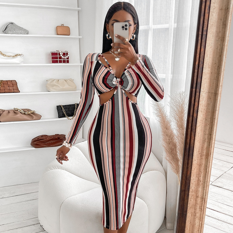 

Women' 2022 Summer New Wish Wrapped Chest Striped Long Sleeve Dress Long Skirt Women, Multi