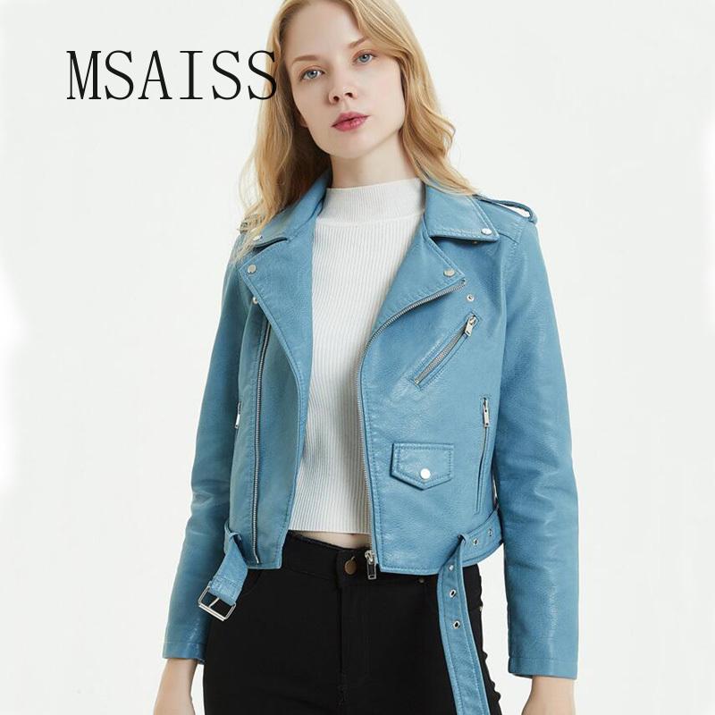 

Women' Leather & Faux 2021 Autumn Women Fashion Blue Black Jacket Solid Zipper With Belt Biker Coat Female Casual Outwear Ladies