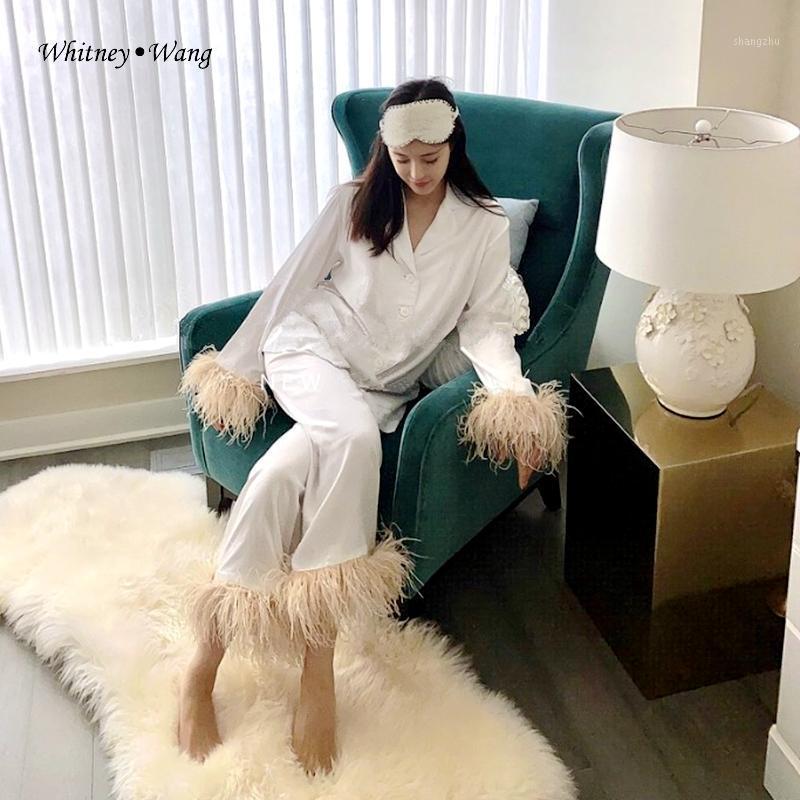 

Women's Tracksuits WHITNEY WANG 2021 Autumn Winter Fashion Streetwear Pajama Style Puffy Feathers Tops And Pants Suits Women 2 Pieces Sets, White