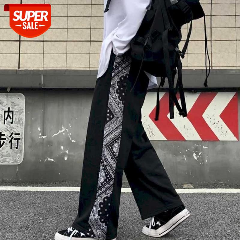 

Printed loose wide-leg straight casual trousers female ins tide 2020 autumn new Korean Harajuku style totem casual loose wide-le #Ji7J, Black;white