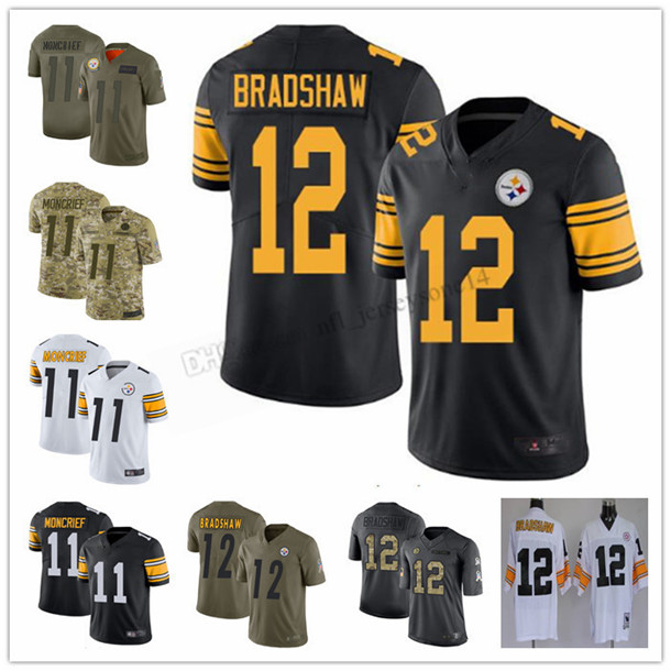 

2021 Custom Mens women youth pittsburghSteelers11 Donte Moncrief 12 Terry Bradshaw Black white green 100th Season Vapor Limited