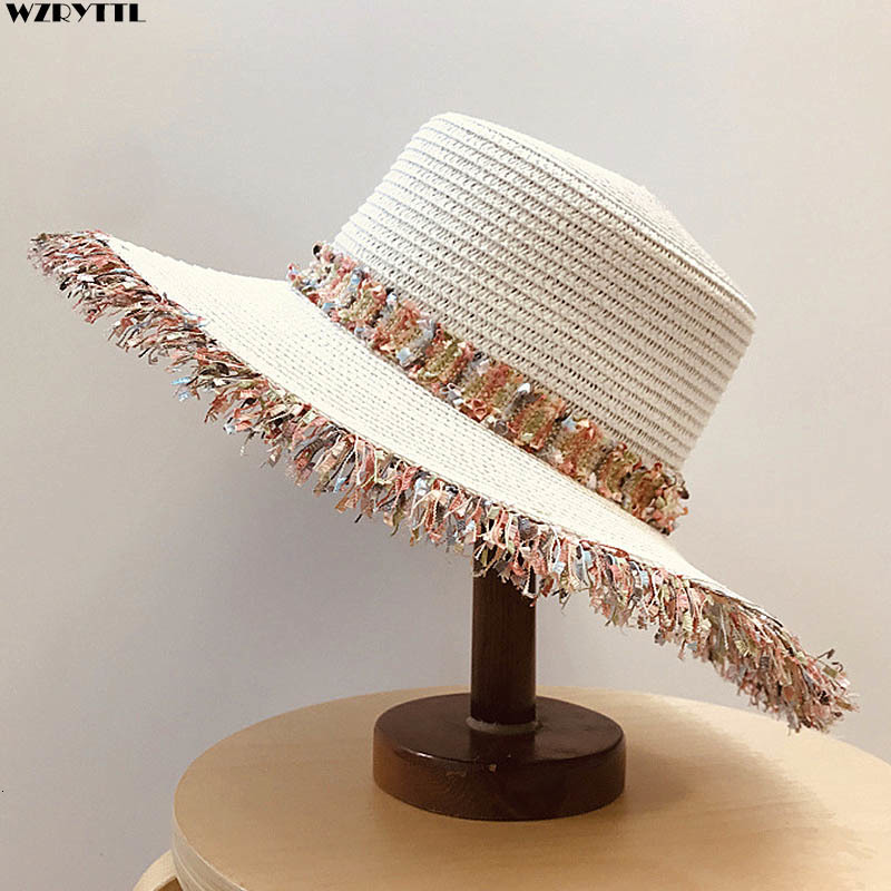 

2021 New Newest Fashion Women Fringed Beach French Style Girl Summer Wide Brim Sun Casual Paper Straw Hat Derby Hats Shade 6juv, White