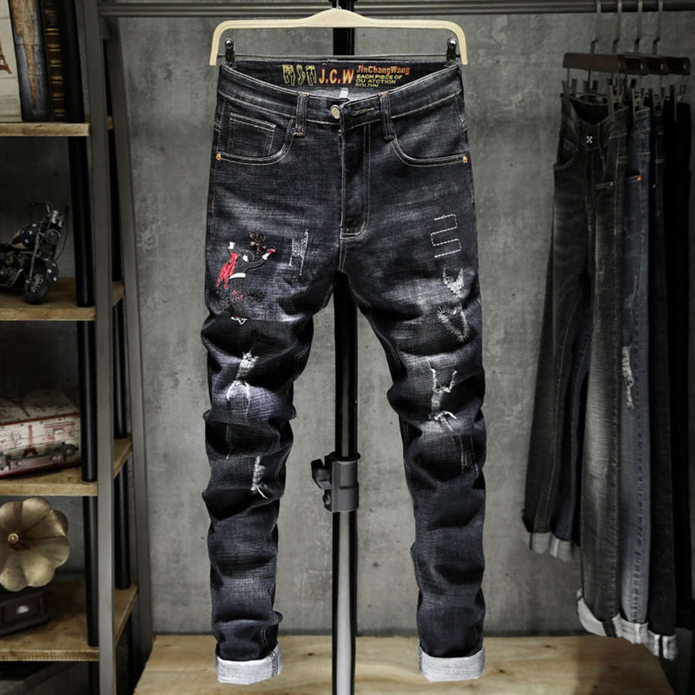 

2021 men's jeans autumn new personalized embroidery trend small straight pants for teenagers, Blue
