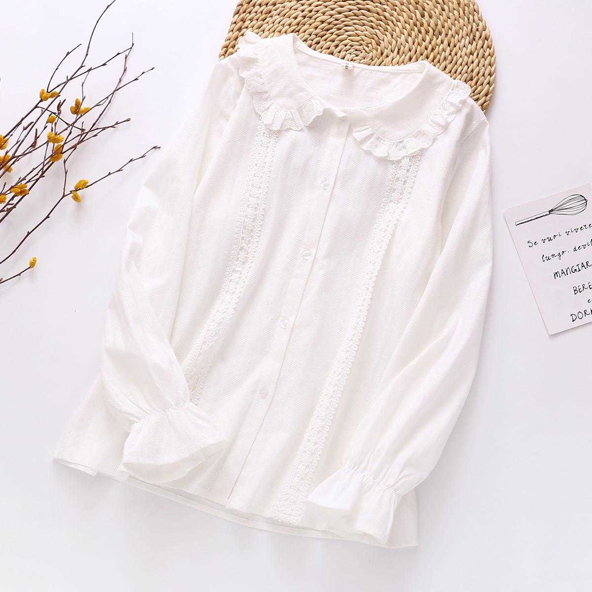 

Long-Sleeve shirts Ruffle Collar Japanese-Stley Girl Kawaii Solid Cute Blouses Sweet Chic Lapel Lady Sweatshirt Tops 210604, White
