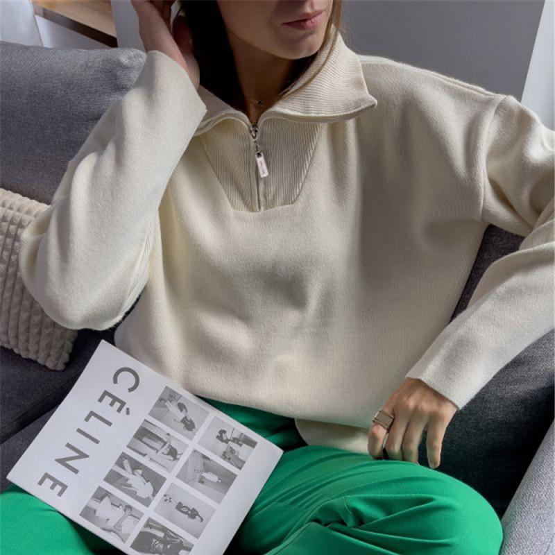 

Women's Two Piece Pants Casual Chic Loose Turn-down Collar Women Knitted Jumpers 2021 Autumn Full Sleeve Female Solid Pullover Sweaters, White