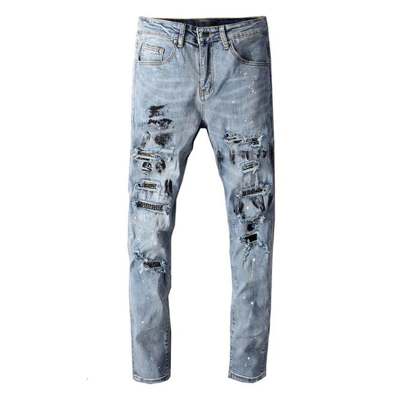 

2021 New Men's Male Streetwear Crystal Ink Painted Ripped Jeans Fashion Light Blue Holes Ny Stretch Denim Pencil Pants Trousers Abxh, Sky blue