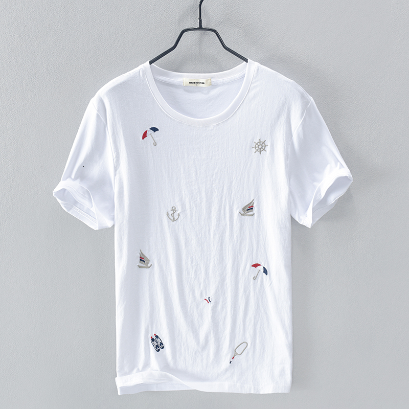 

2021 New Summer Embroidery Short Sleeve Linen Shirt Casual Round Neck T-shirt for Men Fashion Comfortable t Shirts Male Chemise Ae58, Royal blue