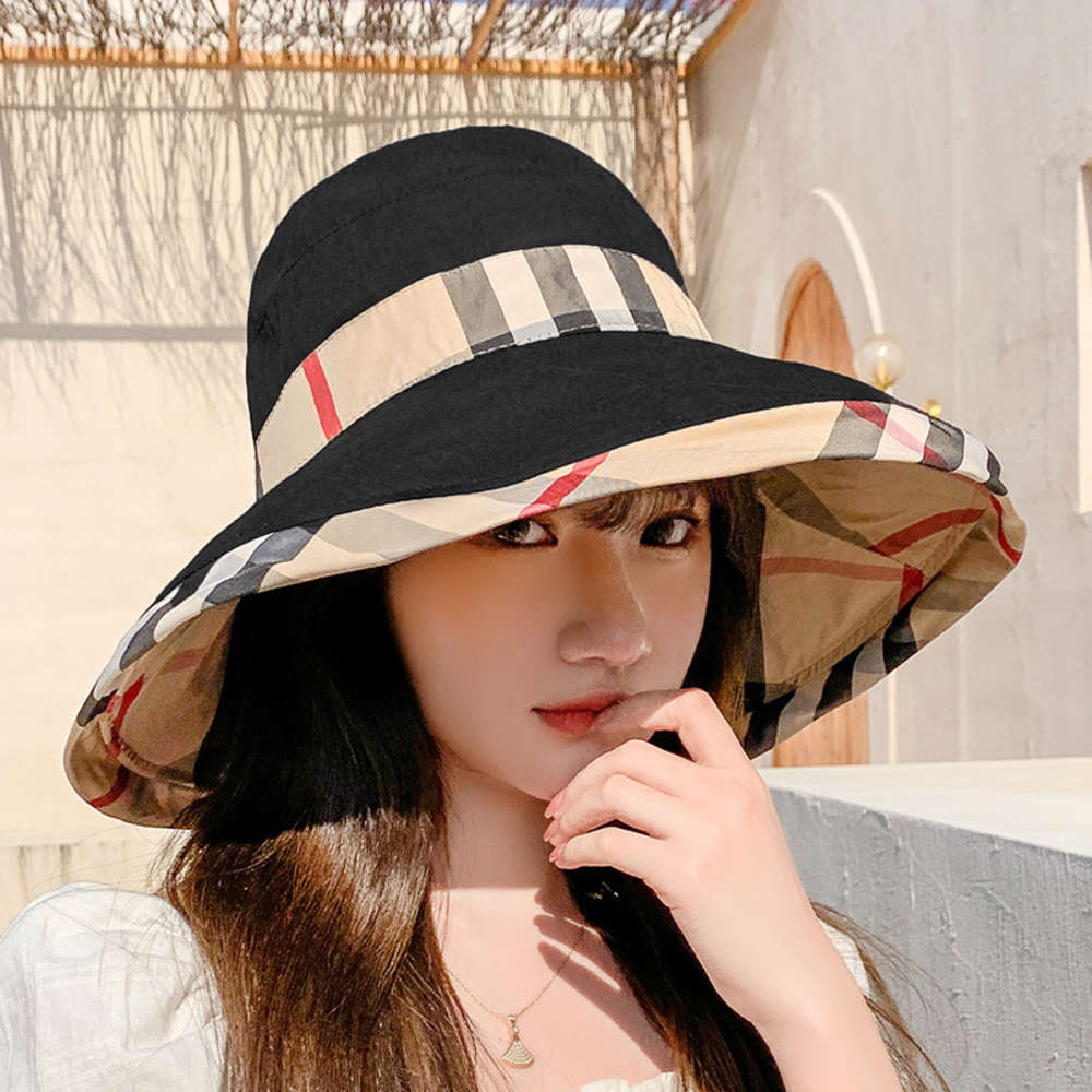 

women's hat in spring and summer, Korean fashion Big Brim fisherman's hat, classic contrast color, double-sided lattice sunscreen, Blue;gray