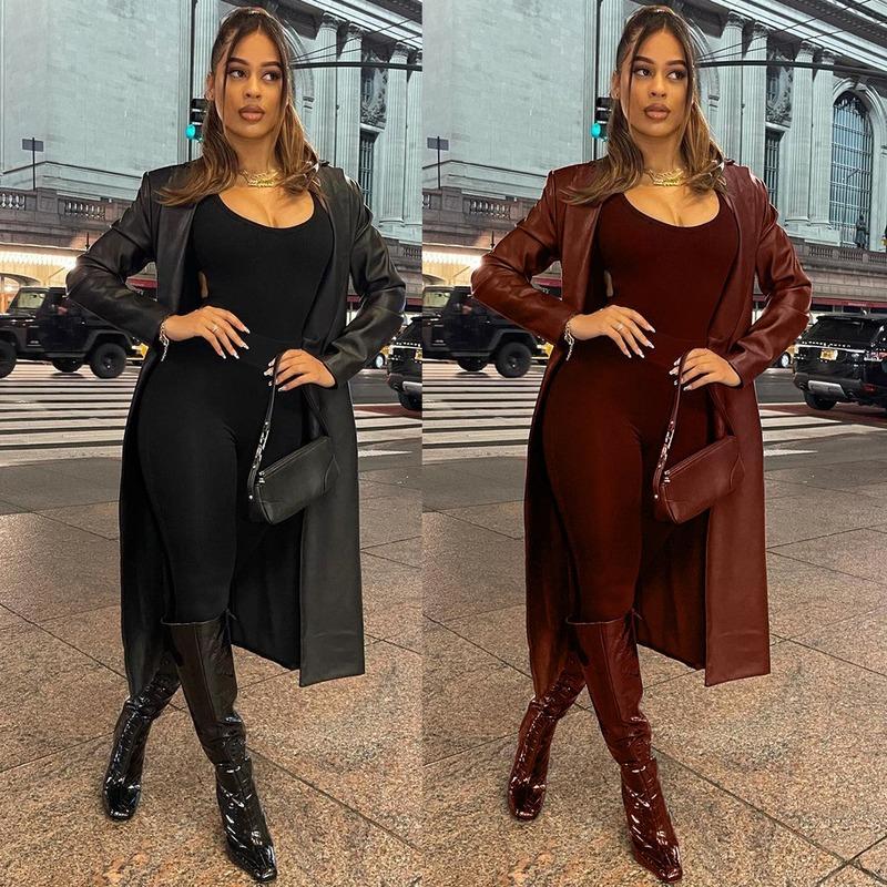 

Women's Leather & Faux Lugentolo Long Jacket Women Waist Buttoned Long-sleeved PU Coat Streetwear Fashion Coats, Black