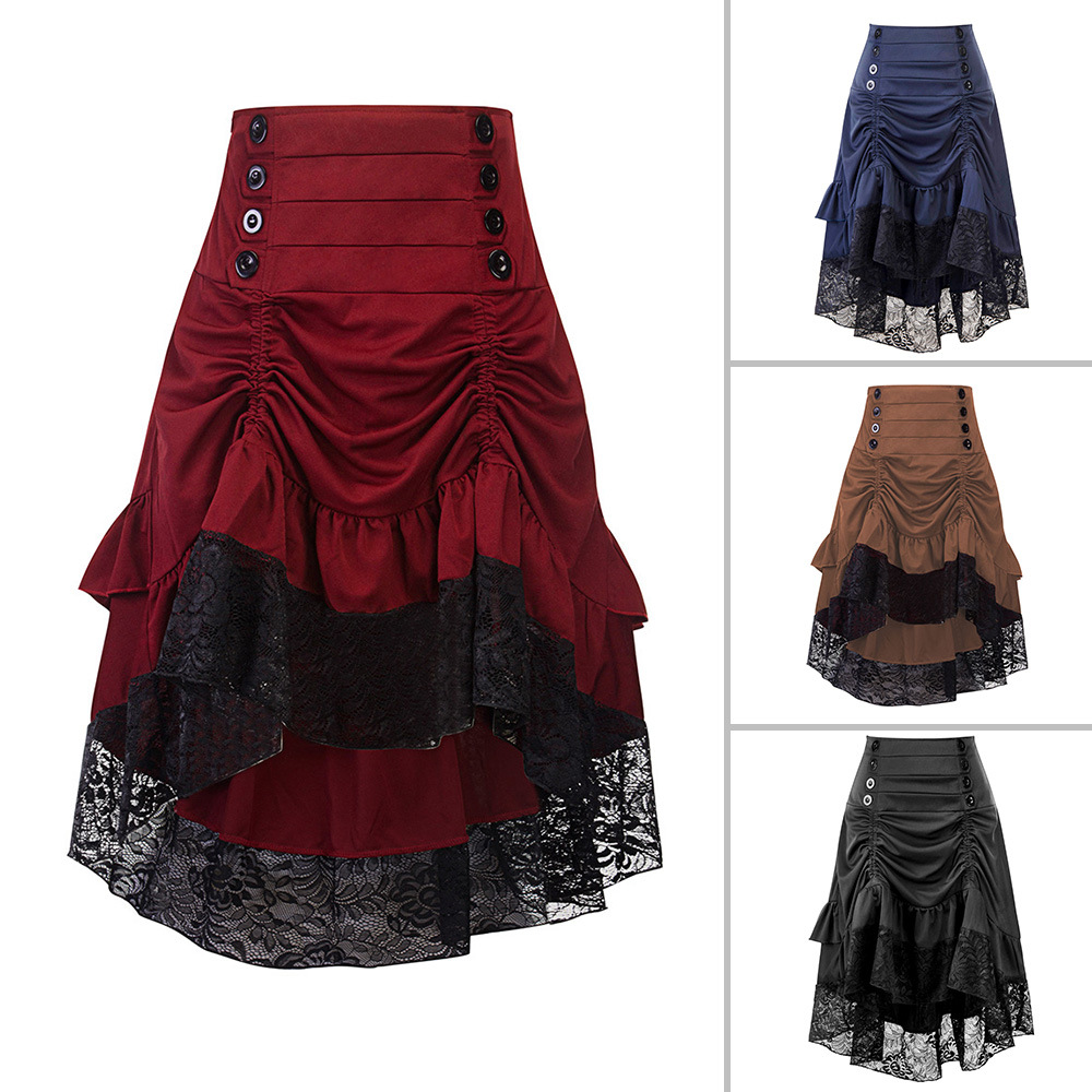 

Fashion Grace Skirts Vintage Halloween Lace Drawstring Stitching MIDI Skirt Pure Color, Brown