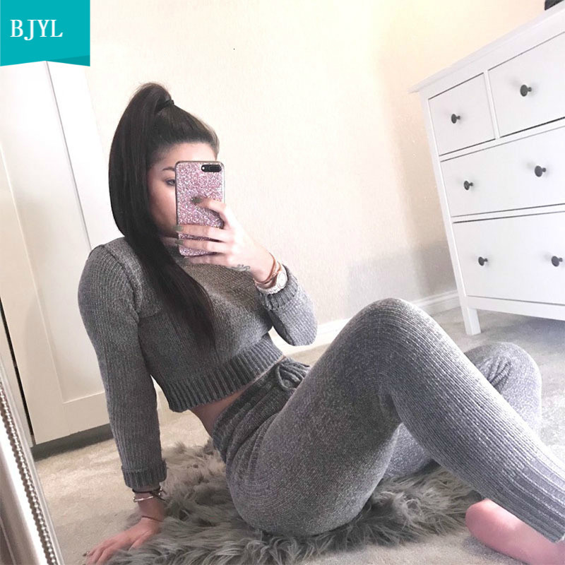 

2021 New Yissang Knitted Sweater 2 Sleeve Crop Top and Long Pant Sexy Autumn Women Suits Two Piece Set Outfits Mqpa, Long beige