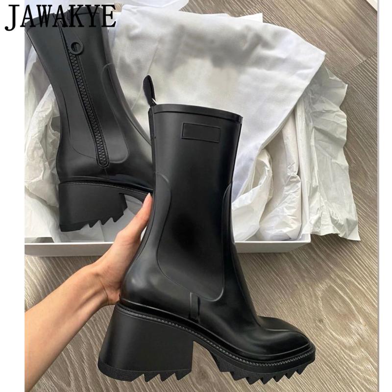 

Boots Thick Sole Platform Rain For Women White Black Gear Bottom Shoes TPU Ladies Square Heel Motorcycle Rubber