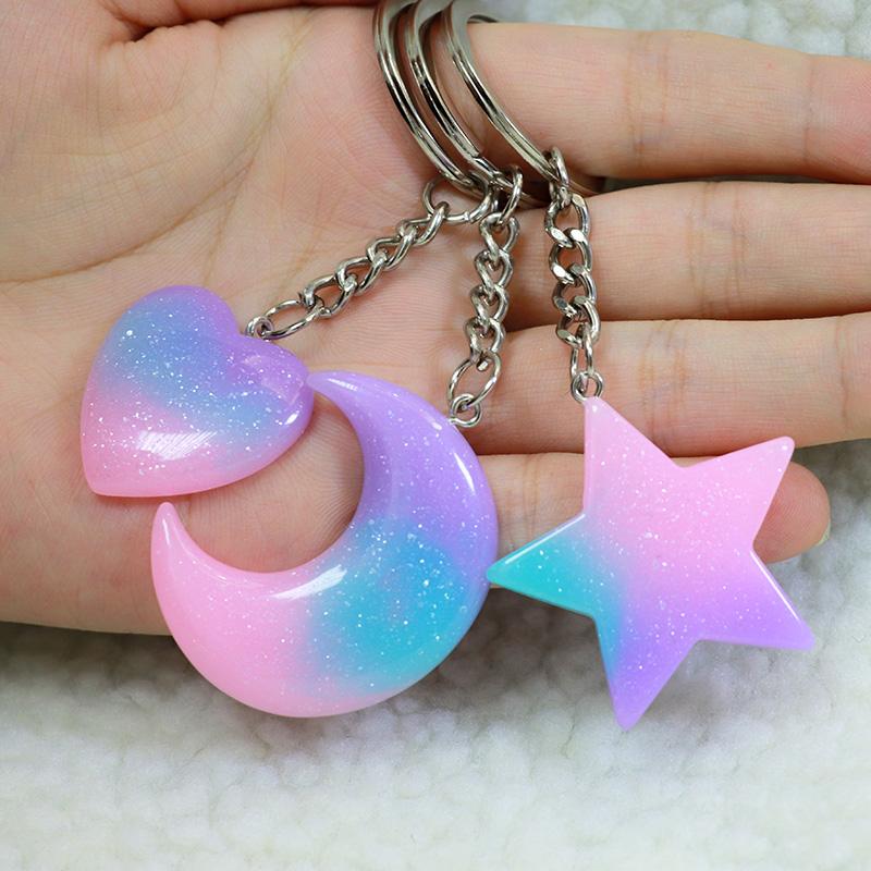 

Keychains Fashion Resin Keychain Keyring Heart Half Moon Gradient Blue Pink Glitter Star Key Ring Acrylic Car Trinket Cute Party Xmas Gift