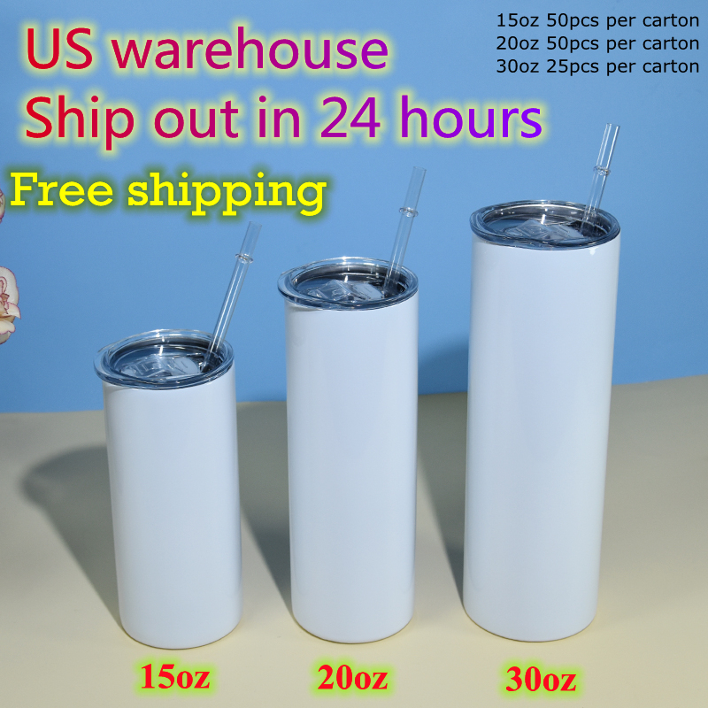 

US warehouse 15oz 20oz 30oz Skinny straight Sublimation Tumblers Clear Straws Stainless Steel blank white Double wall Vacuum Insulated Travel cups Local Delivery, White sublimation