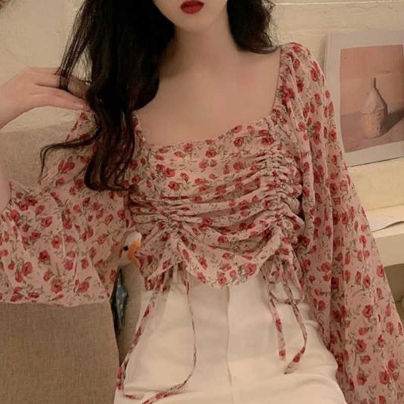 

Vintage Square Collar Floral Blouse Sweet Long Sleeve Women Chiffon Short Tops Spring Korean Casual Designer Clothes Ladies 210604, Black blouse