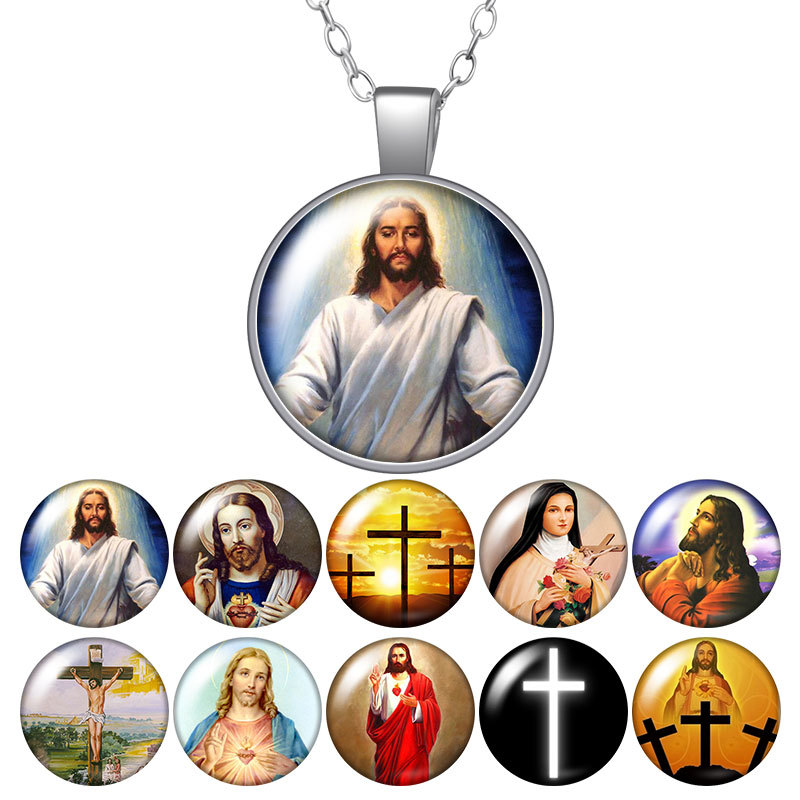 

Jesus Christian Cross Faith Round Pendant Necklace 25mm Glass Cabochon Silver Color Jewelry Women Party Birthday Gift 50cm