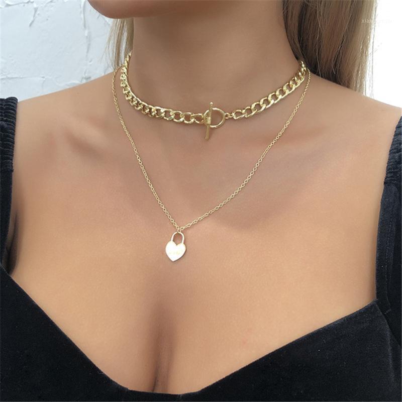

Sexy Fashion Temperament Love Pendant Thick Chain Double Necklace Contracted Design Female Chokers, Golden;silver