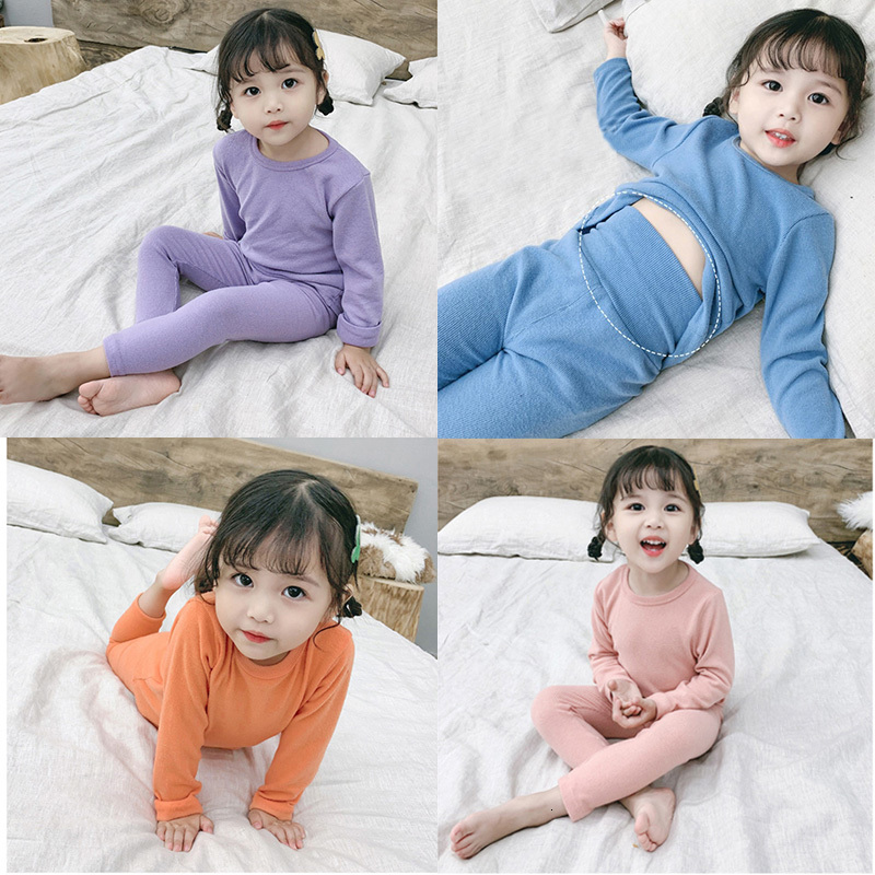 

2021 New Cotton Soft Kids Girls Solid Color Baby Pajamas Set Long Sleeve Tops+pants Spring Autumn Children Boys Clothes 1-6 Years 6vzt, Pink