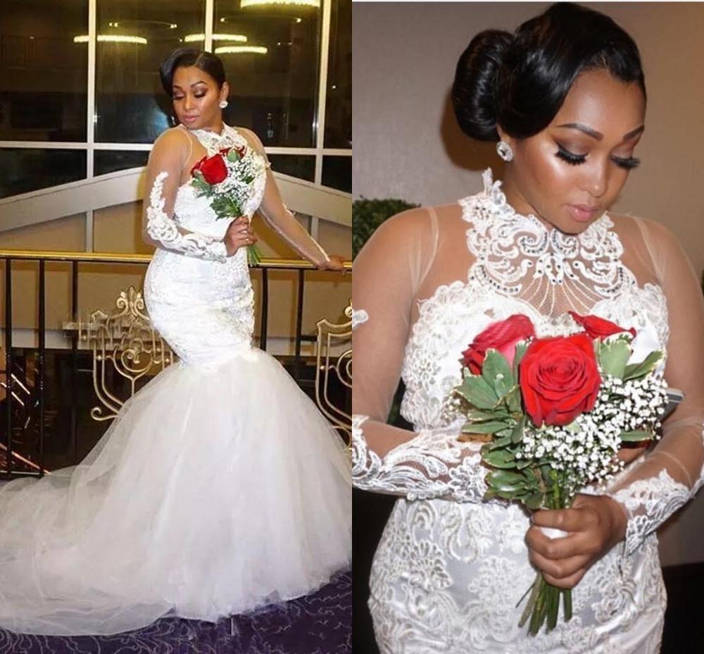

2021 New African Plus Size High Neck Wedding Es Lace Appliques Beads Sheer Long Sleeves Tulle Mermaid Bridal Gowns Vestidos De Noiva Erv6, White