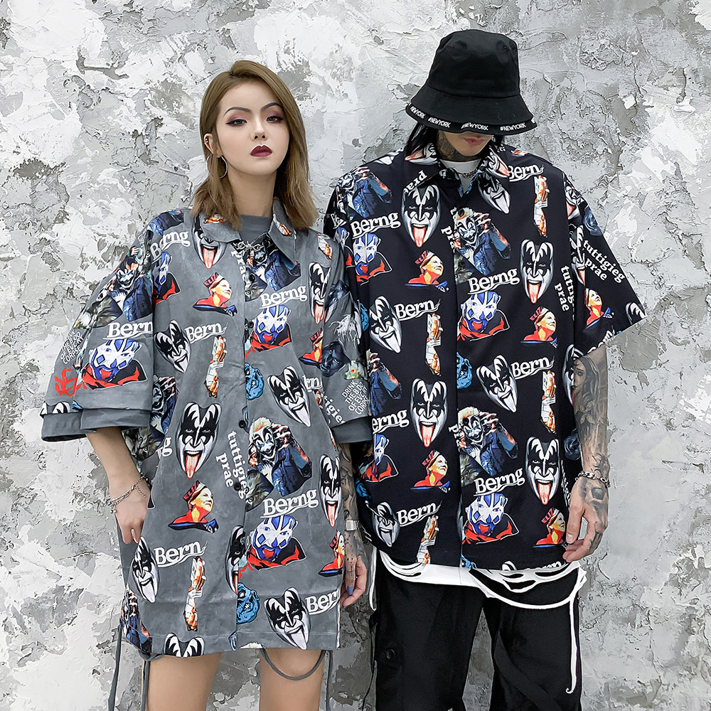 

2021 New Devils Graphic Women Kawaii Summer Tops Blouse Oversized Womens Clothing Cartoon Aloha Hawaiian Shirts Fashion Technicolor T3ut, Black