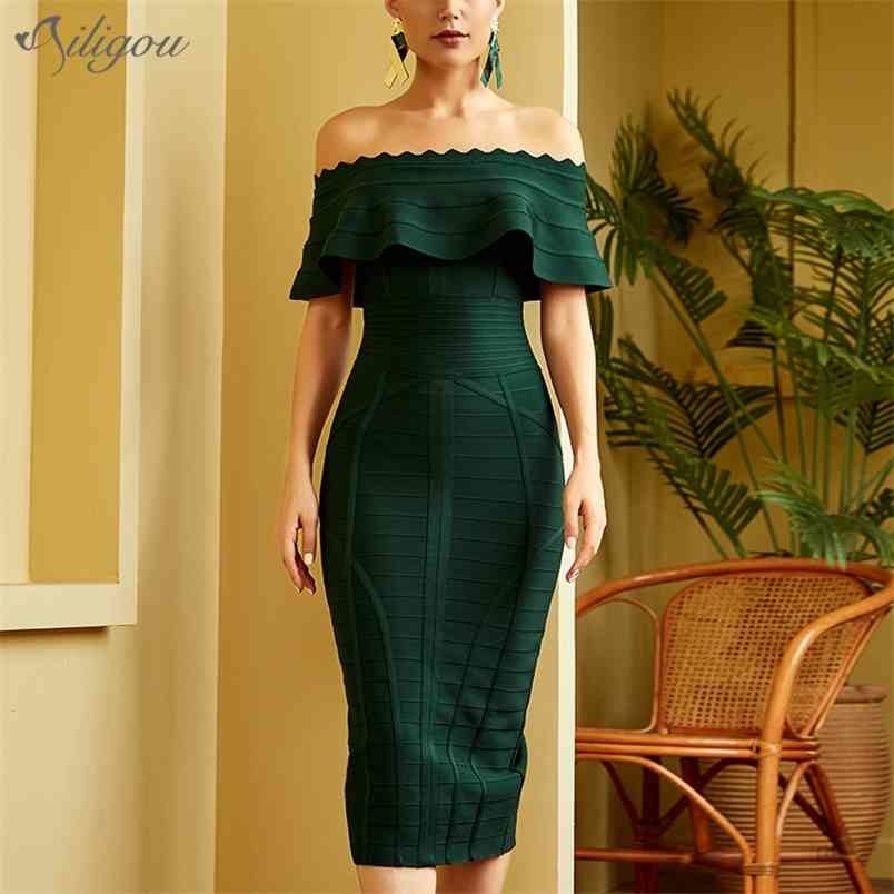 

Summer Women's Green Strapless Bandage Dress Sexy Short Sleeve Midi Club Celebrity Party Vestidos 210525, Green bandage dress