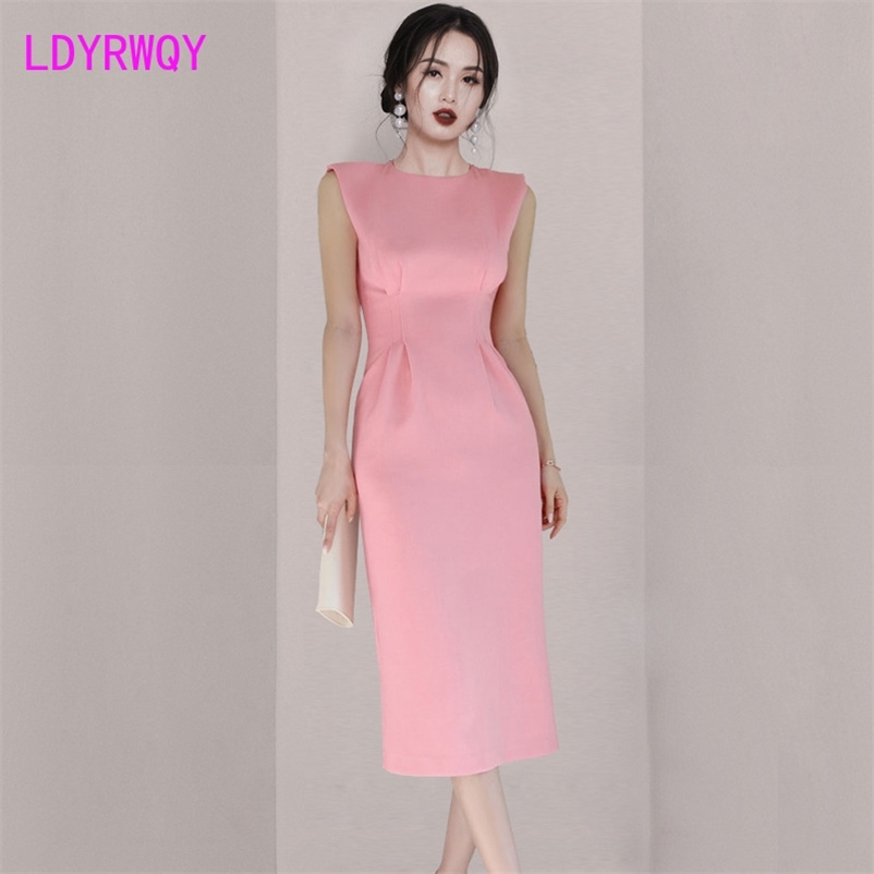 

LDYRWQY summer clothing Korean edition temperament round get waist sexy fashion bag buttocks pure color dress 210603, Watermelon powder