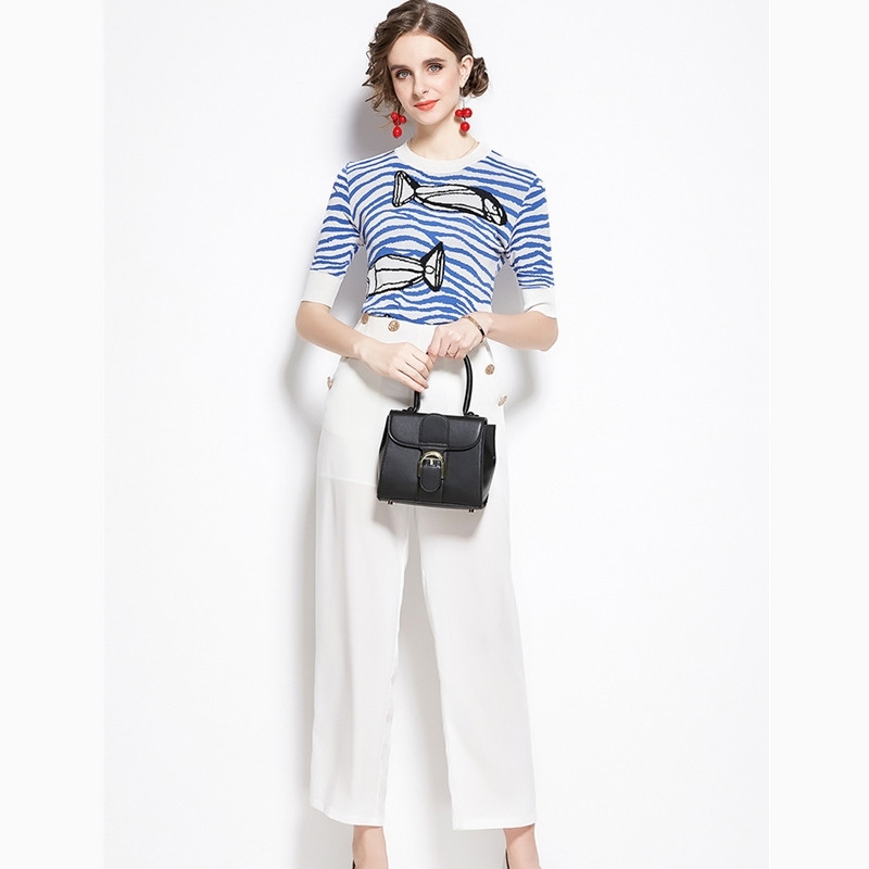 

Women Trouser Set Two Piece Elegant Office Lady Outfit Embroidery Fish Knitted Pullover Wide-leg Pants Business Suit 210525, Blue