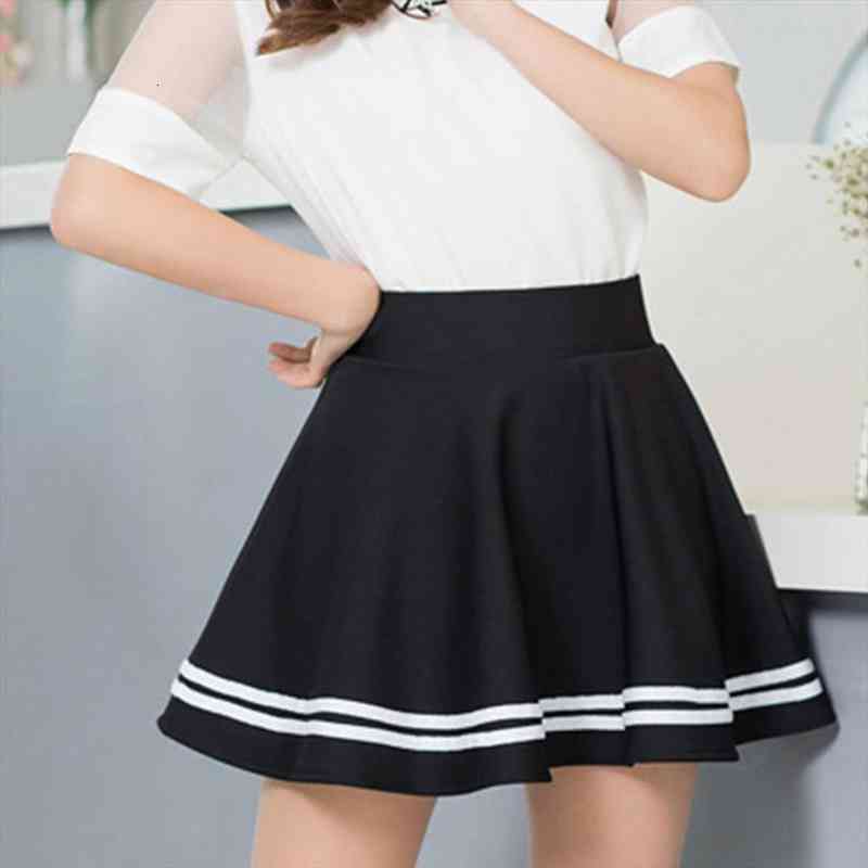 

women fashion solid color high waist stripe pleated a line mini school skirt, Black
