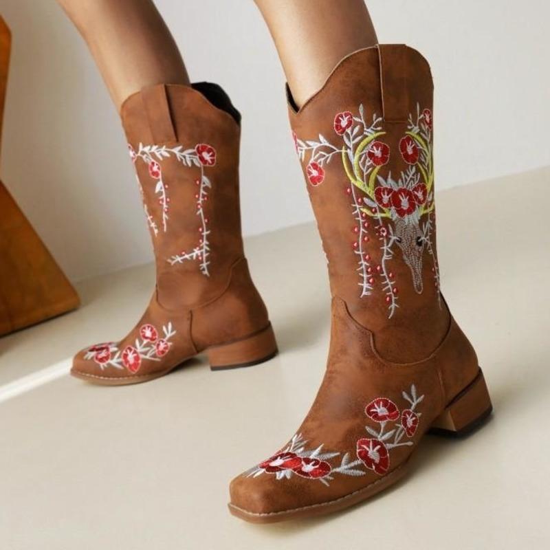 

Boots Knee High Women's 2021 Autumn And Winter Thick Soled Increased Printing Sleeve Round Head Middle Tube Western, Black