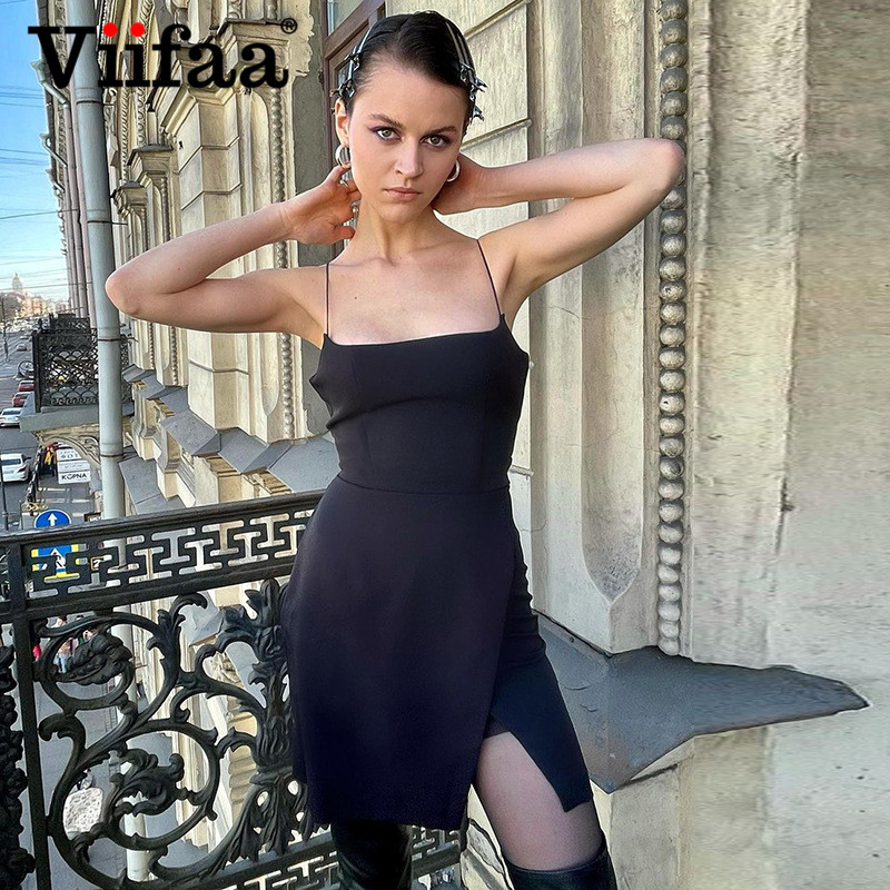 

viifaa spaghetti strap black high waist summer split dress streetwear women 2021 bodycon sleeveless party night clothesplus size clothe, Black;gray