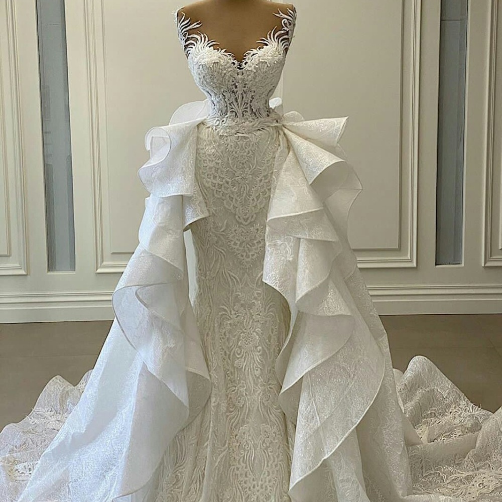 

Exquisite Lace Mermaid Wedding Dresses with Ruffles Detachable Train Long Bridal Gowns vestidos de novia, Royal blue